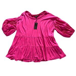 Ruth Graham Womens 1X Pink Peasant Blouse With Puff Sleeves & Tiered Design qvc